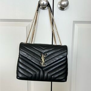 Saint Laurent Black Quilted Chevron Leather Shoulder Bag with Gold Chain